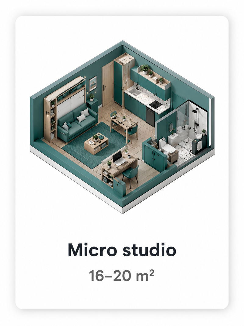 Micro Studio 16–20 m² apartment render