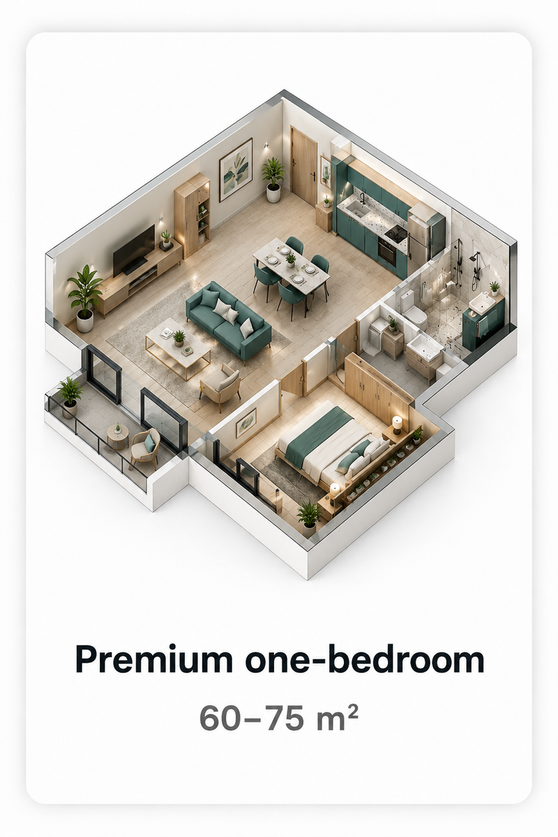 Premium One-Bedroom 60–75 m² apartment render
