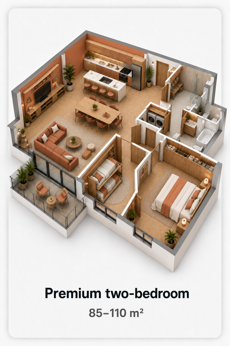 Premium Two-Bedroom 85–110 m² apartment render