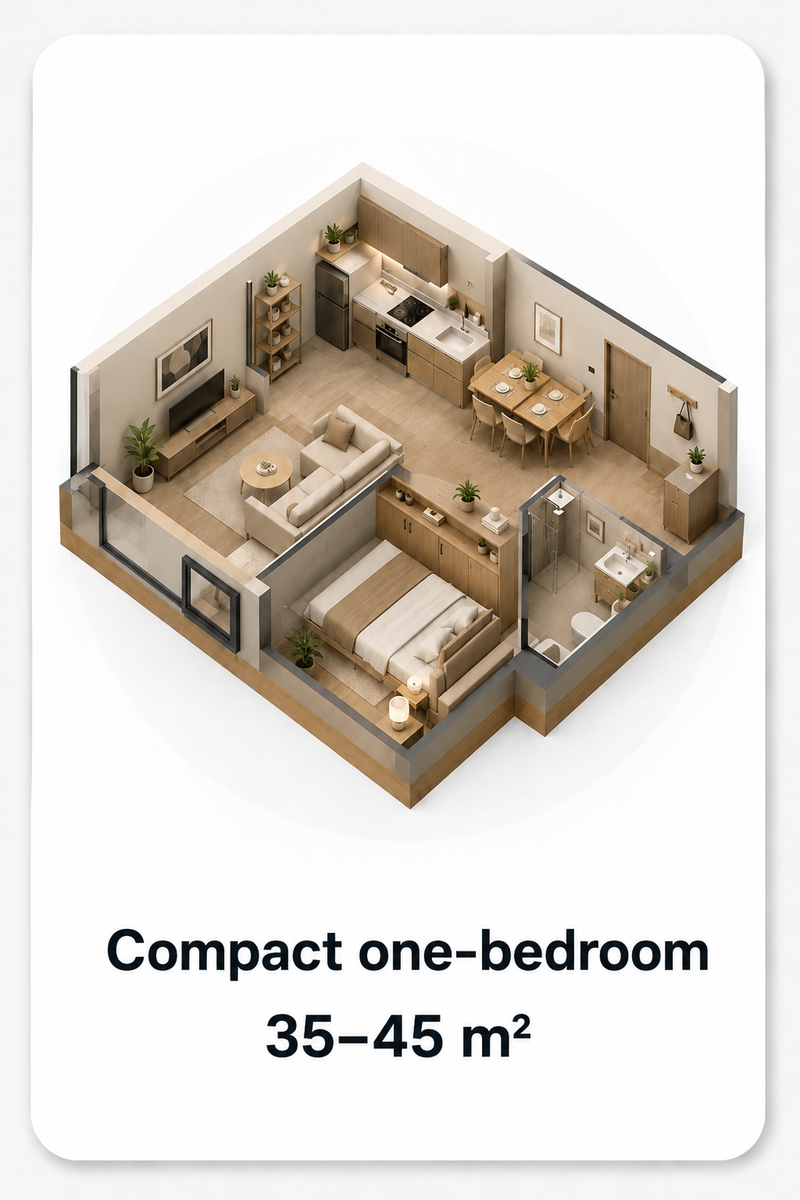 Compact Two-Bedroom 50–65 m² apartment render