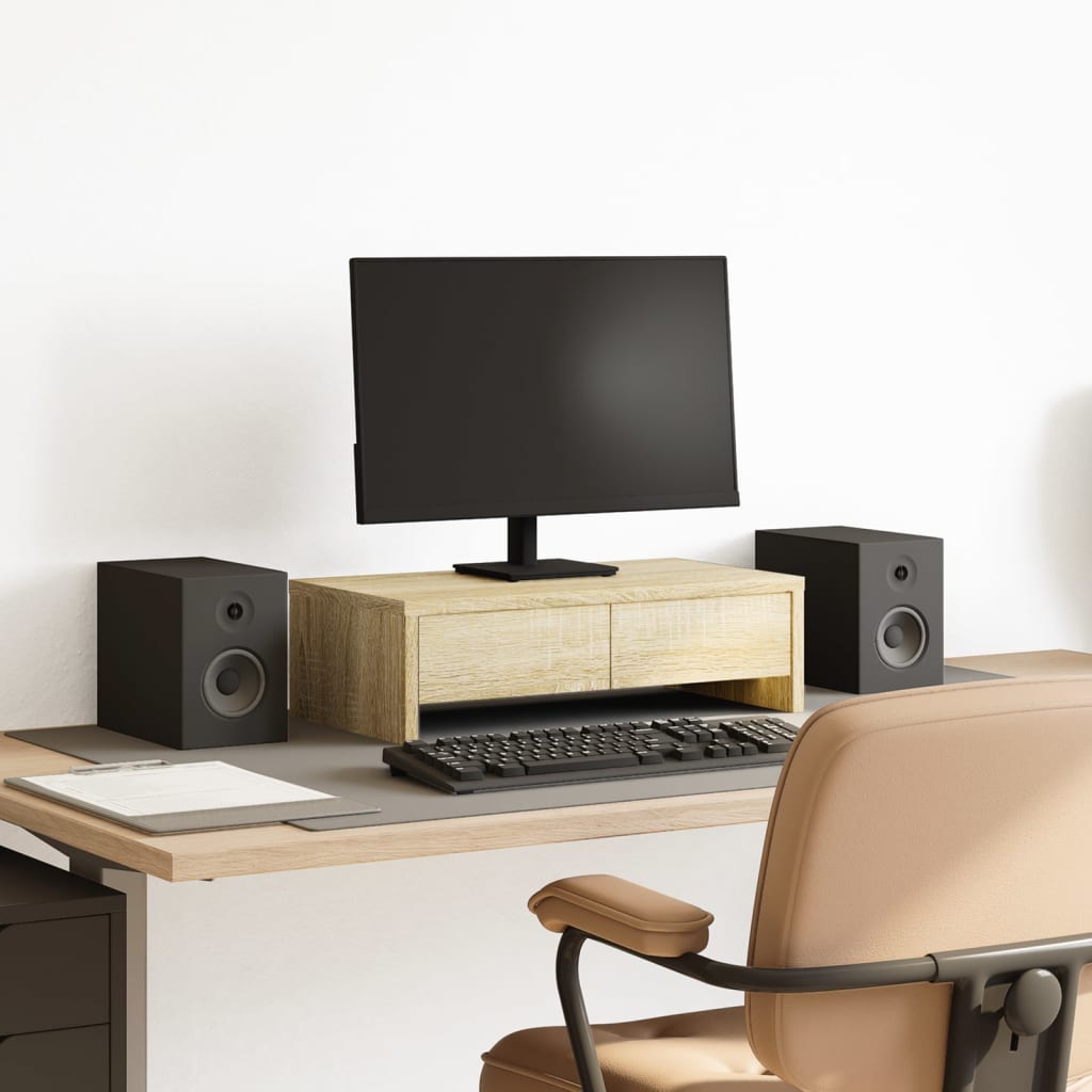 BERLIN monitor stand with drawers in Sonoma oak on a desk