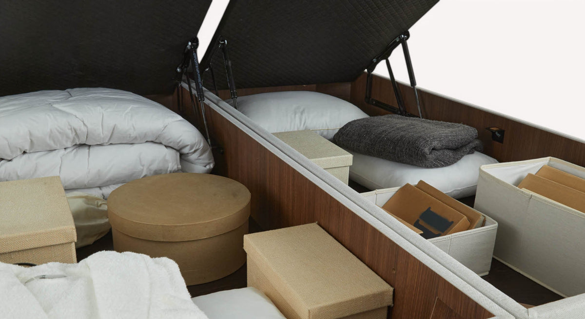 Pack lit coffre, matelas et tête de lit NINA Queens Beige